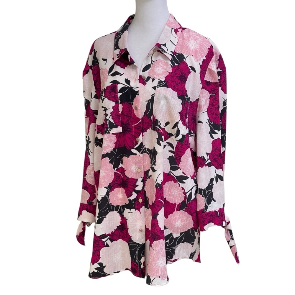 Jones New York Pink Hot Pink Black Floral Button Front Blouse Sz XL Pockets - Picture 4 of 16